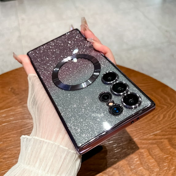 for Samsung Galaxy S24 Plus Magnetic Glitter Case Compatible with Mag Safe,Camera Lens Protector Full Protection Elegant Plating Sparkle Anti-Scratch Dust-Proof Bling Cover,Darkpurple