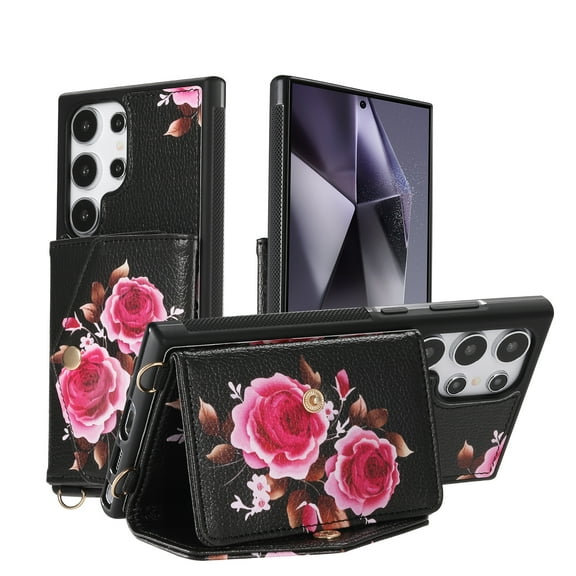 for Samsung Galaxy S24 Plus Mirror Wallet Case with Card Holder, Floral Flower Print Back Flip Folio PU Leather Kickstand Shoulder Strap / Wristlet Magnetic Clasp Cover for S24 Plus, Black