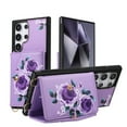 thumbnail image 1 of for Samsung Galaxy S24 Plus Mirror Wallet Case with Card Holder, Floral Flower Print Back Flip Folio PU Leather Kickstand Shoulder Strap / Wristlet Magnetic Clasp Cover for S24 Plus, Purple, 1 of 11