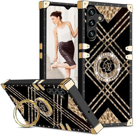 for Samsung Galaxy S24 Plus (Not S24) Case for Women, Rivet Metal Corner Design Phone Cover Case with Bling Diamond Ring Kickstand for Samsung Galaxy S24+ Plus 6.7" BF-Black