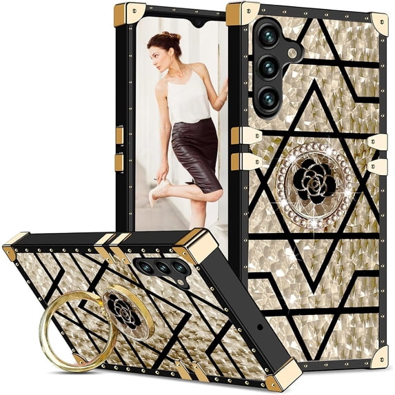 for Samsung Galaxy S24 Plus (Not S24) Case for Women, Rivet Metal Corner Design Phone Cover Case with Bling Diamond Ring Kickstand for Samsung Galaxy S24+ Plus 6.7" BF-Gold