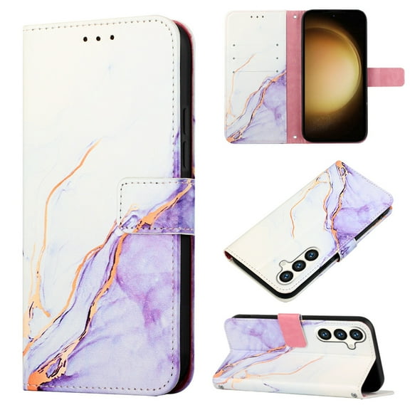 for Samsung Galaxy S24 Plus PU Leather Wallet case, Marble Pattern Credit Card Holder,Flip Folio Book Kickstand Cover Women Men with Long + Short Strap for Samsung Galaxy S24 Plus, Purple/White