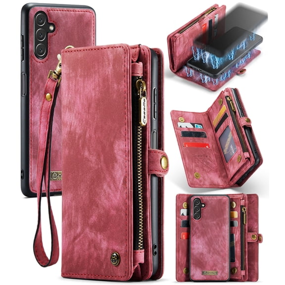 for Samsung Galaxy S24 Plus Premium PU Leather Folding Case, Multiple Card Slots Design, Wrist Strap Zipper Pocket Kickstand Magnetic Snap, Wireless Charging for Samsung Galaxy S24 Plus, Red