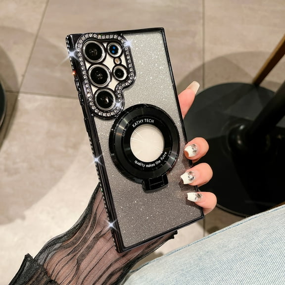 for Samsung Galaxy S24 Plus Rhinestone Gradient Color Glitter Case, Compatible with MagSafe, Invisible Kickstand & Magnetic Ring Holder, Military Grade Shockproof Bumper Translucent Back Case, Black