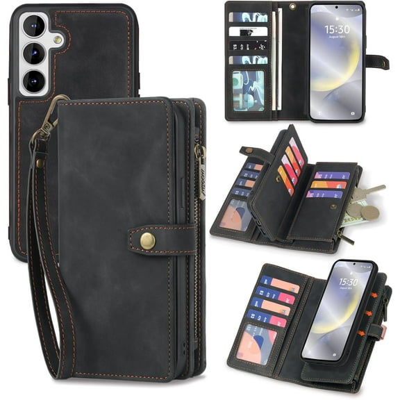 for Samsung Galaxy S24 Plus Wallet Case with Card Holder, Detachable Magnetic Phone Case for S24 Plus,PU Leather All-Round Protective Phone Case Wallet with Wrist Strap,Black