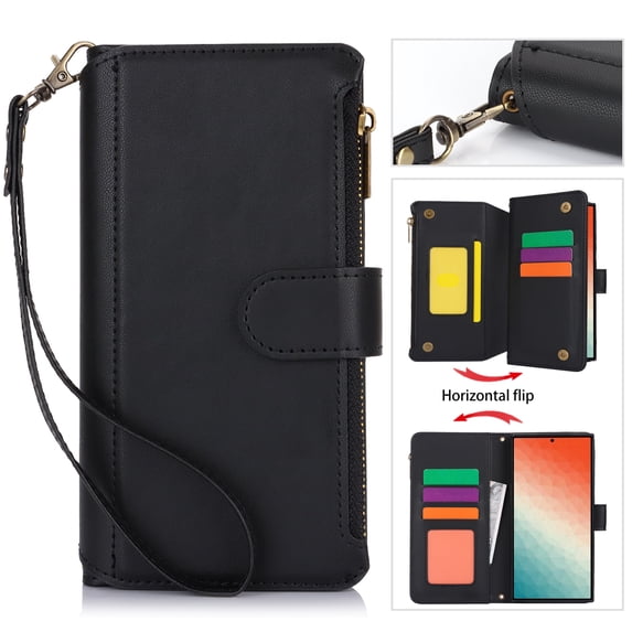 for Samsung Galaxy S24 Plus Wallet Case with Card Slots, Premium PU Leather Case for Women & Men, RFID Blocking Zipper Pocket Crossbody Wrist Strap Lanyard Shockproof Protective Phone Cover, Black