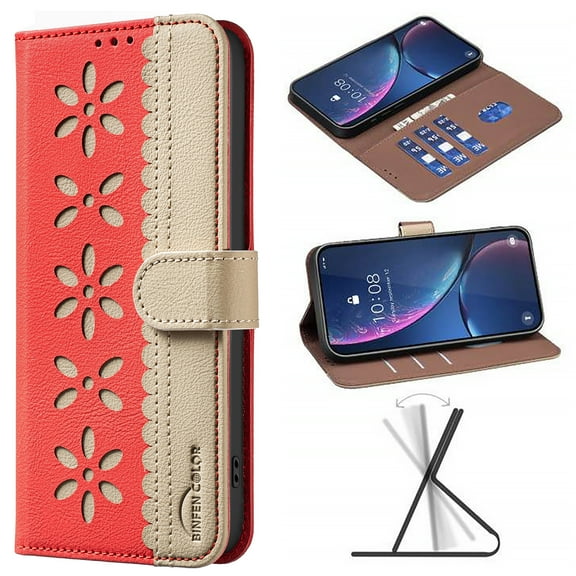 For Samsung Galaxy S24 Plus Wallet Case,Card Slots [RFID Blocking] Splice Premium PU Leather ID Credit Holder Folio Flip Kickstand Magnetic Clasp Flower Patterned Shockproof Phone Cover,Red