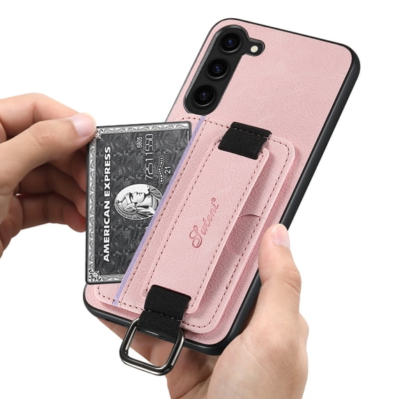 for Samsung Galaxy S24 Plus Wallet Case, Classic Finger Ring with Card Holder Lychee Texture PU Leather Back Cover with Wristband Kickstand Shockproof Drop Protective for S24 Plus, Pink