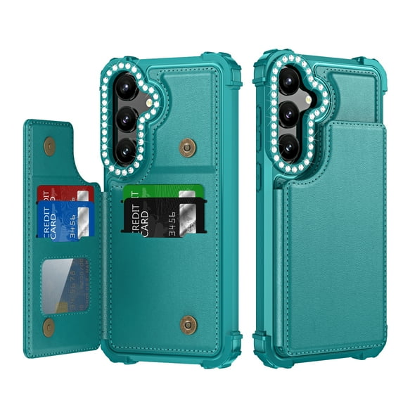 for Samsung Galaxy S24 Plus Wallet Case with Credit Card Holder,RFID Blocking,PU Premium Bling Diamond Leather Double Magnetic Clasp Kickstand Heavy Duty Cover for Samsung Galaxy S24 Plus, Green