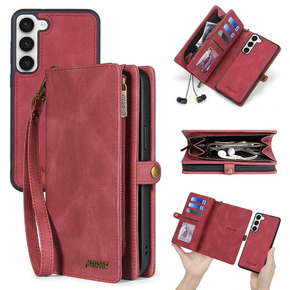 for Samsung Galaxy S24 Plus Wallet Case, Durable PU Leather 2-in-1 Detachable Magnetic Flip Phone Case for Samsung Galaxy S24 Plus Case Wallet with Card Holder Slots Zipper Pouch for Women Men, Red
