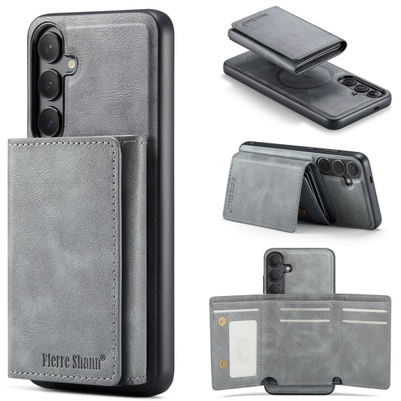 for Samsung Galaxy S24 Plus Wallet Case, Tri-fold Magnetic 2-in-1 Detachable Phone Case, Card Holder RFID Blocking, Fashionable Faux Leather Card Slot & Folding Design, Gray