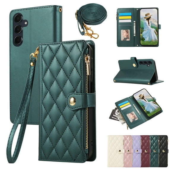 for Samsung Galaxy S24 Plus Wallet Case with Zipper Pocket Card Holder & Crossbody Lanyard Strap & Wrist Strap, Flip Stand PU Leather Magnetic Folio Purse Case for Galaxy S24 Plus, Green