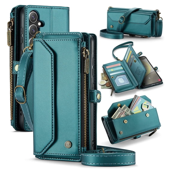 for Samsung Galaxy S24 Rugged Case, Classic PU Leather Shoulder Strap Wrist Strap Zipper Pocket RFID Blocking Wireless Charging Kickstand Case Cover for Samsung Galaxy S24, Green