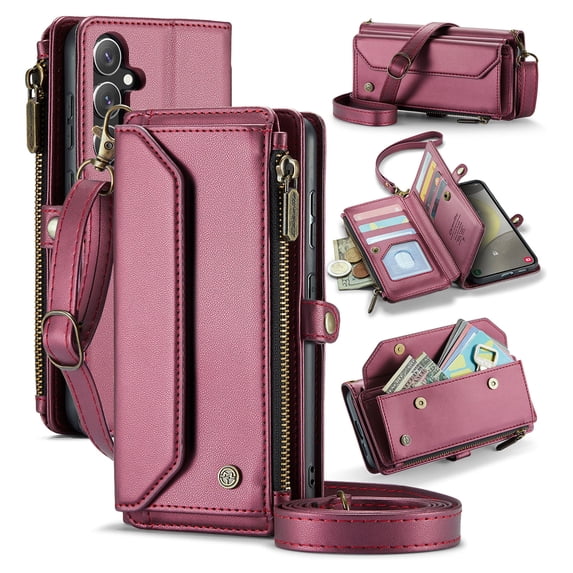 for Samsung Galaxy S24 Rugged Case, Classic PU Leather Shoulder Strap Wrist Strap Zipper Pocket RFID Blocking Wireless Charging Kickstand Case Cover for Samsung Galaxy S24, Winered