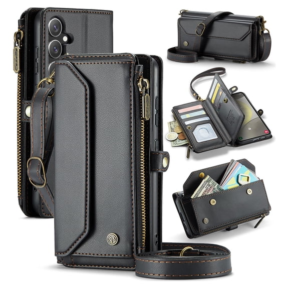 for Samsung Galaxy S24 Rugged Case, Classic PU Leather Shoulder Strap Wrist Strap Zipper Pocket RFID Blocking Wireless Charging Kickstand Case Cover for Samsung Galaxy S24, Black