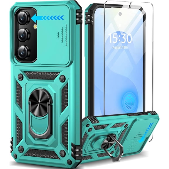 for Samsung Galaxy S24/Samsung Galaxy S25 Case with Screen Protector & Slide Camera Lens Cover, Built-in Ring Stand Protective Phone Case for Samsung S25 Case/Samsung S24 Case (Mint Green)