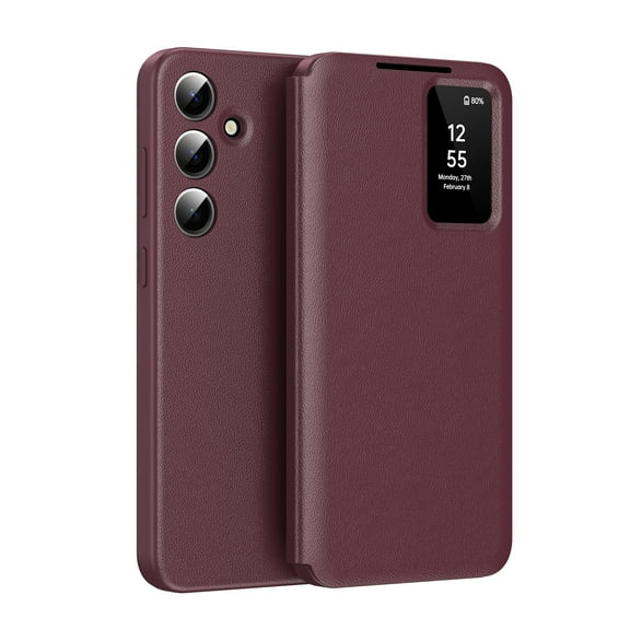 for Samsung Galaxy S24 Smart Wallet Phone Case, Protective Cover with Smart Small Screen View, Finger Tap Control, Slim Design, Card Holder Pocket, PU Leather Flip Cover, Red