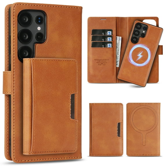 for Samsung Galaxy S24 Ultra 3-in-1 Wallet Case, Detachable Magnetic Wallet Case and Detachable Magnetic Card Bag, Kickstand Full Body Protection Multi-Functional PU Leather Rugged Cover, Brown