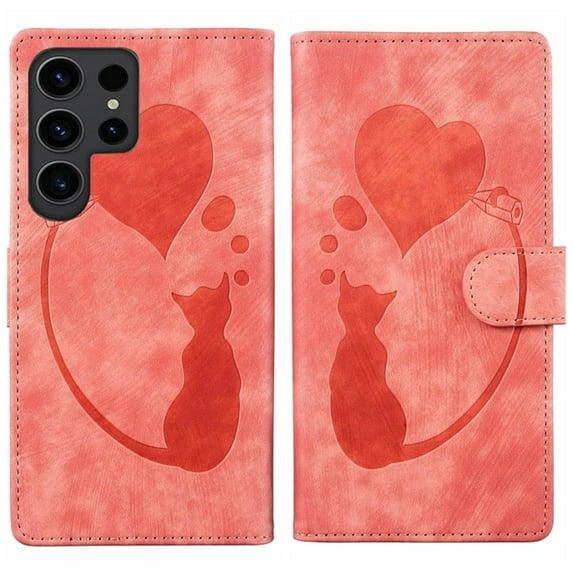 For Samsung Galaxy S24 Ultra 5G 6.8" Cat Patterned Embossed Strong Magnetic Attachment/Closure, Card Slots/Pocket, PU Leather Flip Wallet Case ,Orange,For Galaxy S24 Ultra 5G