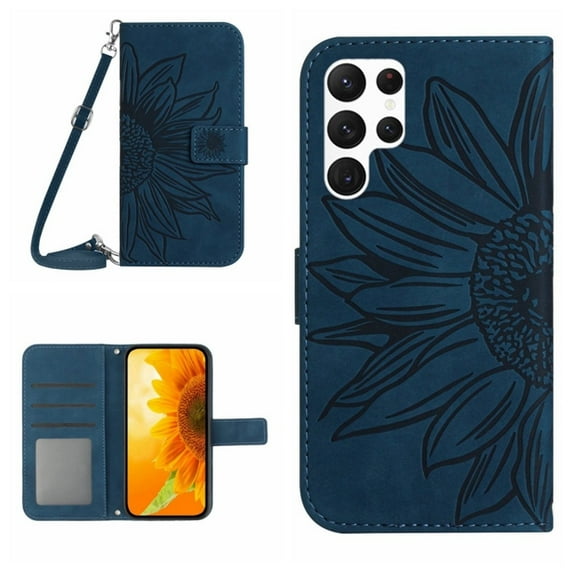 For Samsung Galaxy S24 Ultra 5G 6.8" Sunflower Embossed Strong Magnetic Attachment/Closure, Card Slots/Pocket, PU Leather Flip Wallet Case With Hanging Rope,Blue,For Galaxy S24 Ultra 5G