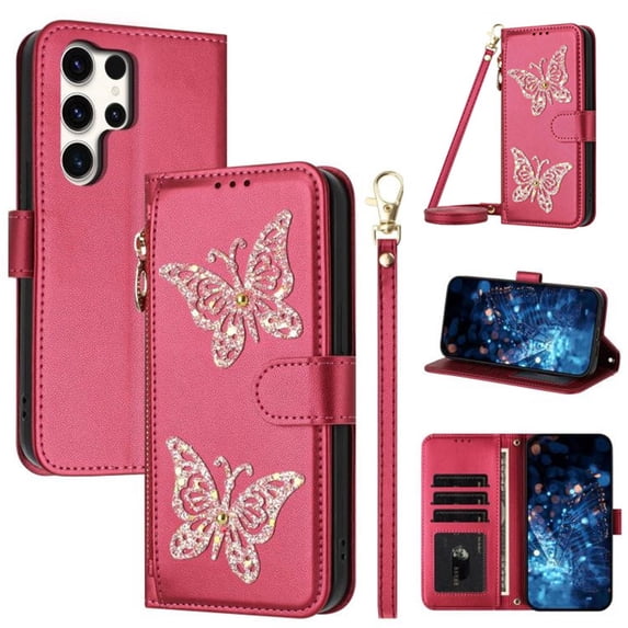 For Samsung Galaxy S24 Ultra 5G 6.8-inch Wallet Case Glitter Butterfly Multi-Card Slots Zipper Wallet With Detachable Lanyard Shoulder Strap and Hand Strap Leather Phone Case,Red