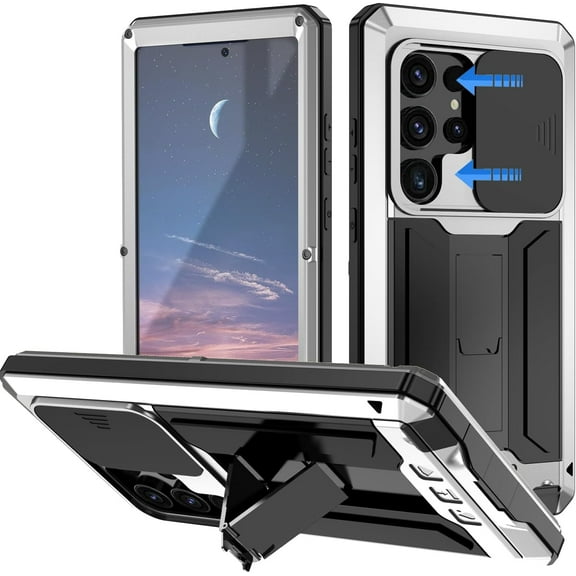 for Samsung Galaxy S24 Ultra 5G Case, Aluminum Metal Gorilla Glass Waterproof Shockproof Military Heavy Duty Sturdy Protector Cover,with Sliding Camera Cover and Built-in Foldable Kickstand