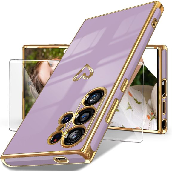 for Samsung Galaxy S24 Ultra 5G Case with Screen Protector, Women Girl Cute Girly Love-Heart Luxury Gold Soft Camera Protection Bumper Shockproof Phone Case for Galaxy S24 Ultra (Purple)
