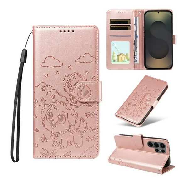 For Samsung Galaxy S24 Ultra 5G Litter Dog Embossing Leather Phone Case with RFID Blocking Card Slot Wallet Magnetic Clasp Lanyard Flip Stand Case,Pink,For Galaxy S24 Ultra 5G