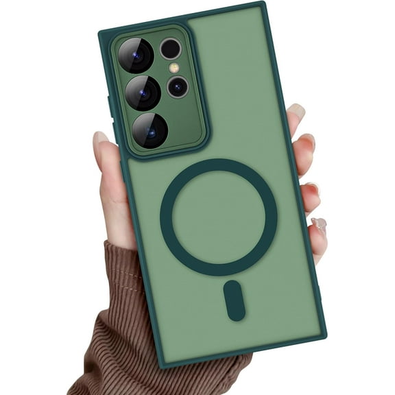 for Samsung Galaxy S24 Ultra 5G Magnetic Case, Luxury Clear Case for Women Girls Men Soft TPU Frame + Hard PC Back Shockproof Full Camera Protector Cover for Samsung Galaxy S24 Ultra-Green