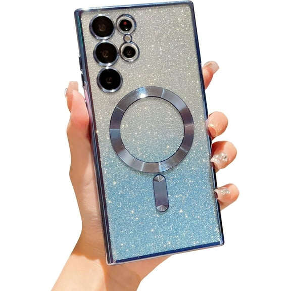 for Samsung Galaxy S24 Ultra 5g Magnetic Case with Camera Protector Luxury Plated Bling Gradient Glitter Cover Compatible with MagSafe Soft Shockproof Protective Clear Bumper (Blue, 6.8")