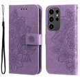 thumbnail image 1 of For Samsung Galaxy S24 Ultra 6.8" Seven Petal Flower Embossed Strong Magnetic Attachment/Closure, Card Slots/Pocket, PU Leather Flip Wallet Case With Hanging Rope,Purple, 1 of 7