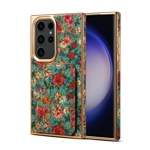 for Samsung Galaxy S24 Ultra Back Case, Luxury Ultra Slim Shockproof PU Leather Card Slot Kickstand Plating Soft Frame Pattern Case Cover for Samsung Galaxy S24 Ultra, Blue