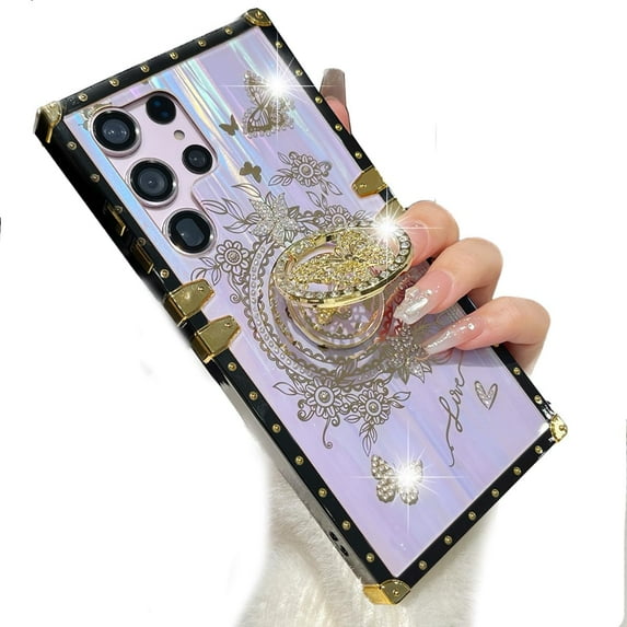 for Samsung Galaxy S24 Ultra Bling Case, Cute Sparkly Rhinestone Butterfly Foldable Kickstand Marble Shell Pattern Soft Bumper Women Girly Shockproof Protective Cover for S24 Ultra (Purple)