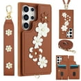 thumbnail image 1 of for Samsung Galaxy S24 Ultra Card Slots Back Case with Magnetic Snap Shoulder Strap & Wrist Strap Kickstand, 3D Flower Decoration for Girls Elegant Phone Cover for Samsung Galaxy S24 Ultra, Brown, 1 of 9
