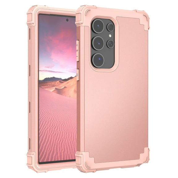 for Samsung Galaxy S24 Ultra Case, 3 in 1 Heavy Duty Rugged Hybrid Anti Slip Shockproof Hard PC Cover Soft Silicone Bumper Non-Slip Protective Phone Case Cover for Samsung Galaxy S24 Ultra, Rosegold