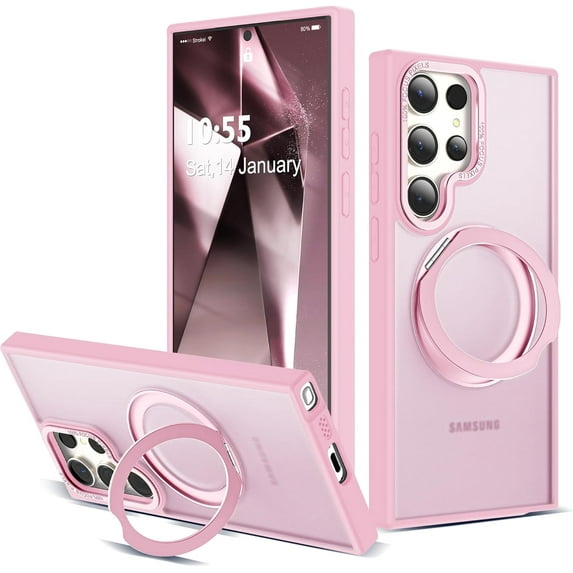 for Samsung Galaxy S24 Ultra Case with 360°Rotatable Magnetic Ring Stand Compatible with Mag-Safe Military Standard Protection Shockproof Matte Translucent Phone Cases for S24 Ultra 6.8",Pink