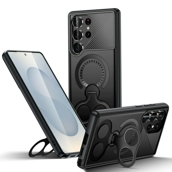 for Samsung Galaxy S24 Ultra Case, 360 Rotating Ring Holder Magnetic Kickstand Shockproof Anti-Scratch Anti-Fingerprint Protective Anti-Slip Back Cover PC+TPU Wireless Charging Compatible, Black