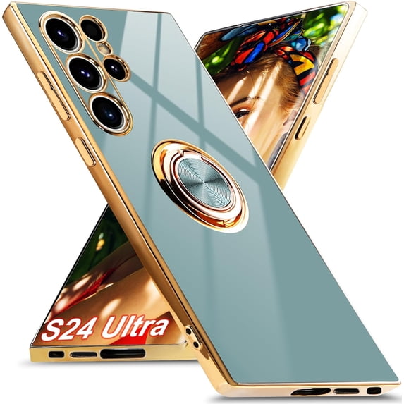 for Samsung Galaxy S24 Ultra Case, Built-in 360°Rotation Ring Holder, Luxury Shiny Plating Edge Shockproof Electroplated Protective Phone Cover(Midnight Gray)