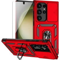 for Samsung Galaxy S24 Ultra Case with Camera Lens Cover HD Screen Protector, Military-Grade Drop Tested Magnetic Ring Holder Kickstand Protective Phone Case for Samsung Galaxy S24 Ultra (Red)