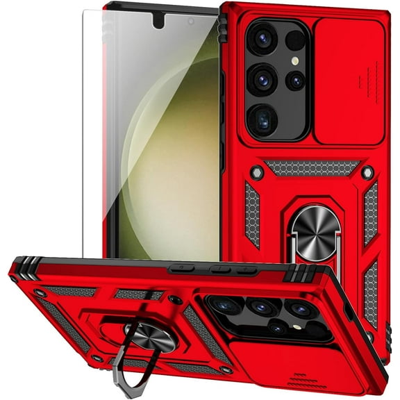 for Samsung Galaxy S24 Ultra Case with Camera Lens Cover HD Screen Protector, Military-Grade Drop Tested Magnetic Ring Holder Kickstand Protective Phone Case for Samsung Galaxy S24 Ultra (Red)
