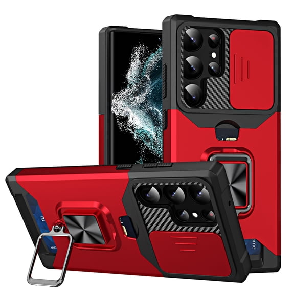 For Samsung Galaxy S24 Ultra Case with Card Holder & 360° Magnetic Ring Stand Heavy Duty Camera Lens Slide Dual Layer Shockproof Hidden Card Slot Slim Wallet Phone Case Cover for Women Men,Red