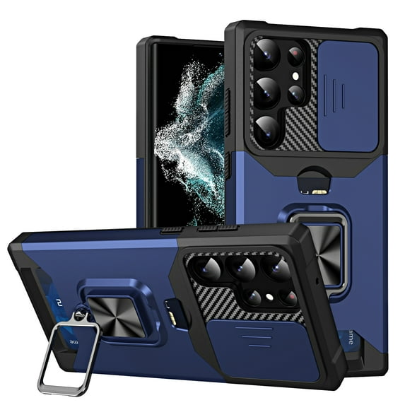 for Samsung Galaxy S24 Ultra Case with Card Holder Slot & Camera Lens Slide Protection & 360 Ring Holder Kickstand, Magnetic Shockproof Rugged Hard Back & TPU Soft Edge Wallet Phone Case,Navy
