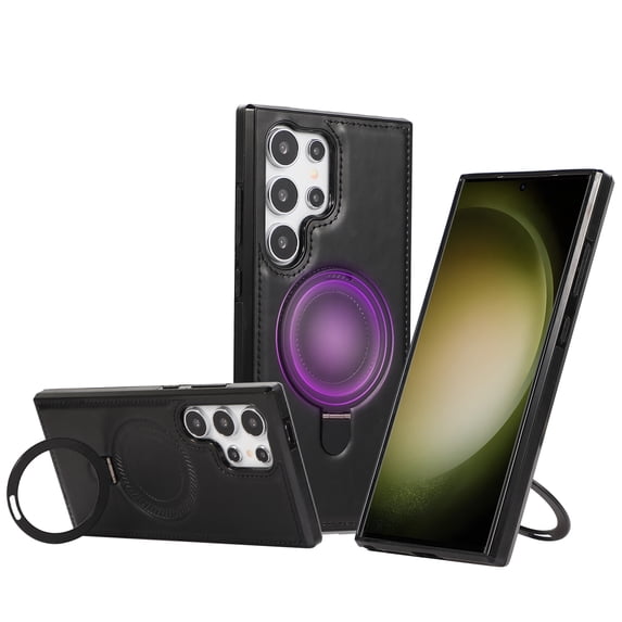 for Samsung Galaxy S24 Ultra Case, Classic PU Leather Cover Compatible with MagSafe Ring Invisible Kickstand Cover for Samsung Galaxy S24 Ultra Protective Phone Case for Men Women Boys Girls, Black