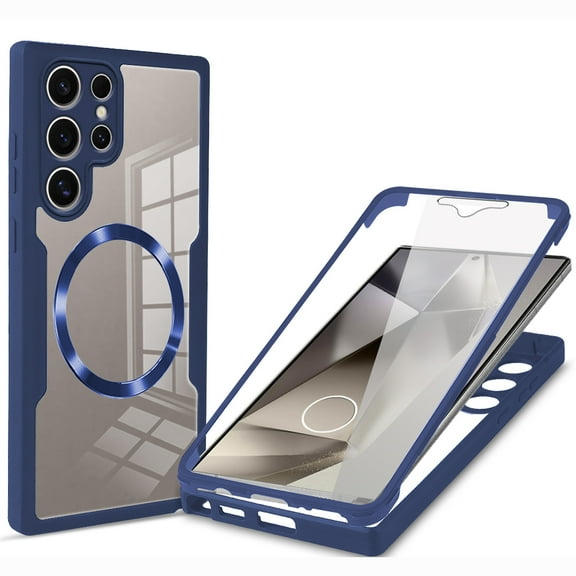 for Samsung Galaxy S24 Ultra Case Clear, Magnetic Case with Screen Protector, Compatible with MagSafe, Not Yellowing Shockproof Full Body Protection Slim Transparent Case for Galaxy S24 Ultra, Blue