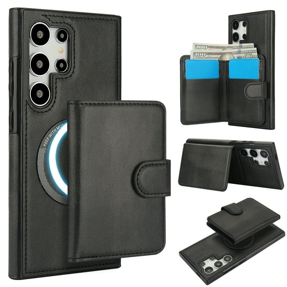 for Samsung Galaxy S24 Ultra Case, Compatible with MagSafe, Detachable Magnetic Wallet Case with PU Leather Kickstand Card Slots Shockproof Protection 2 In 1 Function Case for S24 Ultra, Black