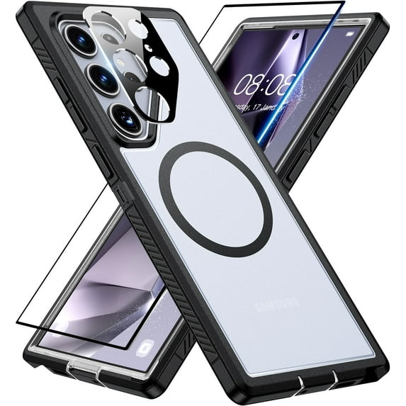 for Samsung Galaxy S24 Ultra Case with Glass Screen Protector, Camara Lens Protector, Compatible with Magsafe, Militaty Grade Hard Protective Cover for Galaxy S24 Ultra, 6.8 inch, Matte Clear