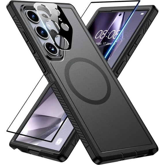 for Samsung Galaxy S24 Ultra Case with Glass Screen Protector, Camara Lens Protector, Compatible with Magsafe, Militaty Grade Hard Protective Cover for Galaxy S24 Ultra, 6.8 inch, Black