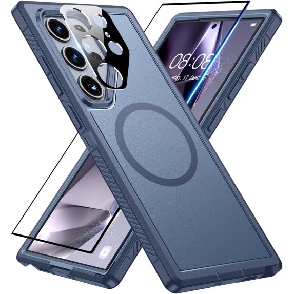 for Samsung Galaxy S24 Ultra Case with Glass Screen Protector, Camara Lens Protector, Compatible with Magsafe, Militaty Grade Hard Protective Cover for Galaxy S24 Ultra, 6.8 inch, Blue