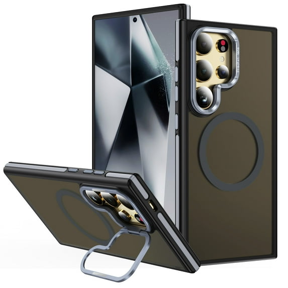 for Samsung Galaxy S24 Ultra Case with Invisible Metal Lens Stand, Color-Frame Anti-Drop Shockproof Slim Phone Case Compatible with Mag-Safe, Skin-Feel Magnetic Cover for Galaxy S24 Ultra, Gray
