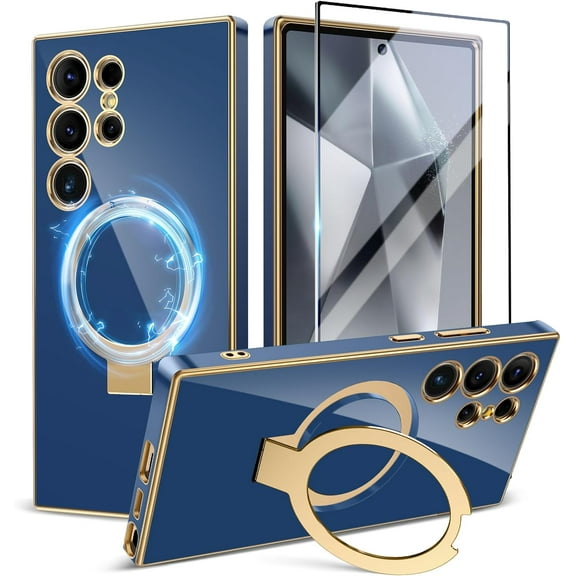 for Samsung Galaxy S24 Ultra Case with Magnetic Ring Stand,[Compatible with MagSafe][Military Drop Protection] Shockproof Protective Slim Phone Case for S24 Ultra, Deep Blue